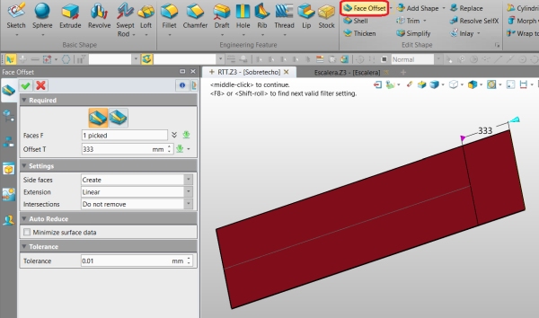 Figure 6. Using Face Offset to make the outer face of the solid pass beyond the XZ plane